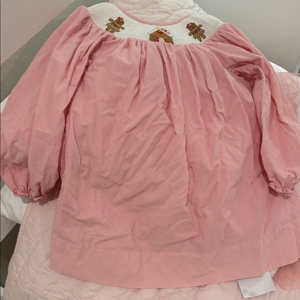 Pink Embroidered Gingerbread Smocked Corduroy Dress